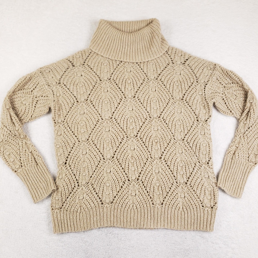 A New Day Womens XL Turtleneck Sweater Beige Gold Metallic Pointelle Cable Knit